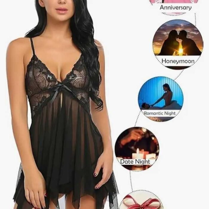 Babydoll Lingerie Set For Women shop near me Black Lace Babydoll Lingerie Set for Women with Transparent Mesh Nightwear and Matching Panty for Honeymoon & Romantic Nights